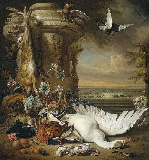 Jan Weenix Een aap en een hond bij dood wild Germany oil painting art